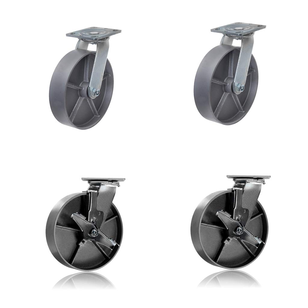 Heavy Duty Steel Cast Iron Wheel Metal Swivel Plate Caster Wheels Heavy Duty High-Gauge Steel (4 Swivel & 2 with Brake, 8" Wheel)