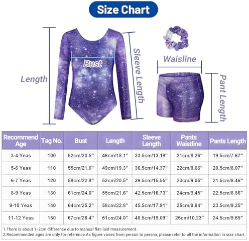 JiAmy Gymnastics Leotards for Girls with Shorts Set, Sparkle Long Sleeve Kids Gymnastics Outfit Athletic Leotard for 5-6 Years - 5