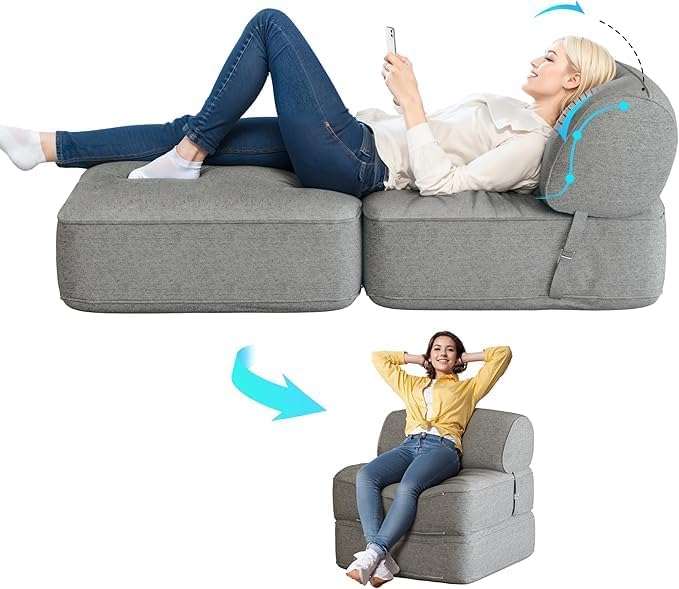 Folding Lazy Floor Sofa for Adults, Linen Convertible Bed Couch Cozy Large Fold Out Chair Bed Grey, Mattress Sleeper Guest Floor Recliner Loung Sofa with Headrest Pillow Bedroom Living Room Balcony