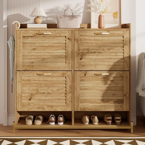 Soweiz Zapatero moderno con puertas de listones de madera – Armario de pasillo con 4 puertas, organizador de zapatos que ahorra espacio para la entrada, pasillo o dormitorio (108,5 × 24 × 100 cm)