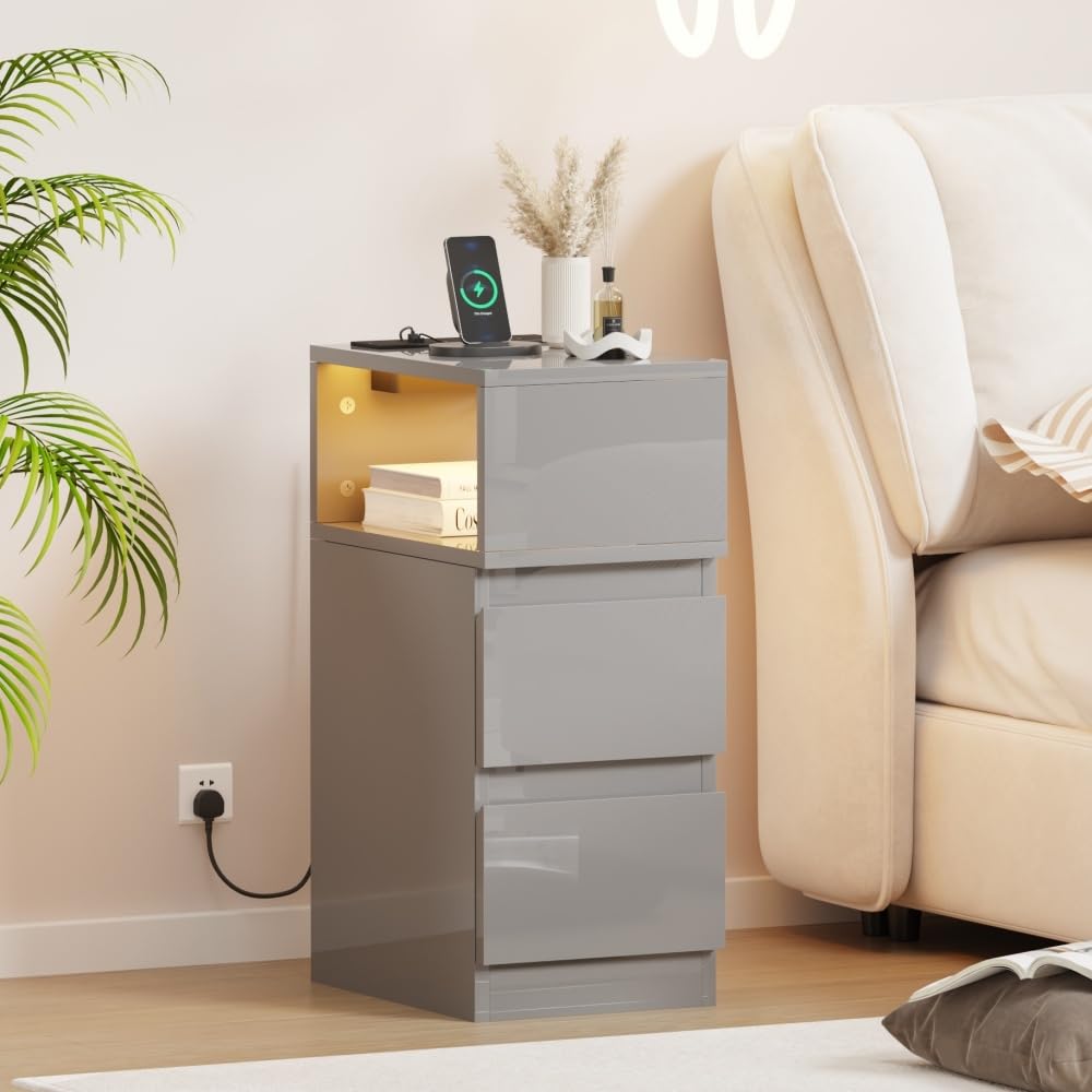 Pantanal 25CM Slim Bedside Table Cabinet with Led Light Charging Station, 2 Drawers Narrow Small Side Table End Table Nightstand with USB Ports & Power Sockets for Bedroom Living Room โ image 1