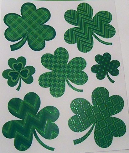 Greenbrier St. Patrick's Day Reusable Glitter Window Clings ~ Patterned Shamrocks (7 Clings, 1 Sheet)