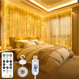 SINAMER Lichtervorhang Innen 3x3m, Lichterkette Vorhang verhedderungsfrei mit Fernbedienung & Timer, 300 LEDs USB, 8 Modi dimmbar, Wand- & Schlafzimmerdeko, Hochzeit, Ramadan, Weihnachten (Warmweiß)