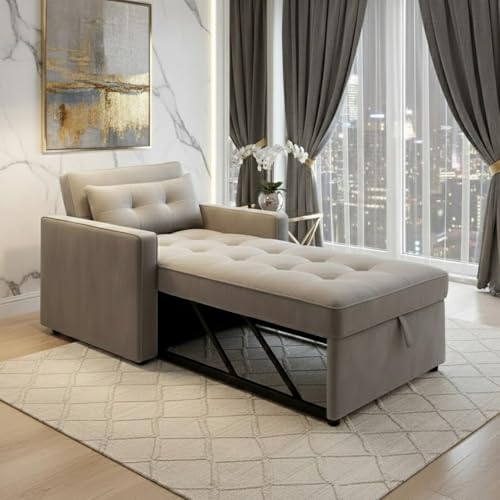 Image of FURNY Tressa 1 Seater Fabric Pull-Out Sofa Cum Bed (Light Grey) | Premium Velvet Finish | Durable Comfort | Ideal for Living Room