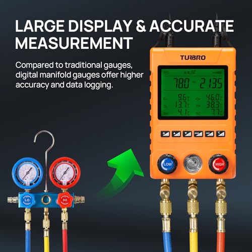 Image of TURBRO Digital Manifold Gauge Set | Digital, with 2 Temp Clamps & 3 Hoses, for HVAC Pressure & Temp Measurement