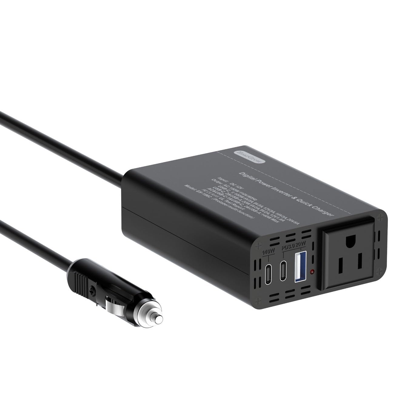 Inversor de corriente de coche de 150 W con 4 puertos para múltiples dispositivos de carga rápida, 140 W USB C, adaptador de enchufe de salida de coche de 12 V a 110 V CA, potente convertidor