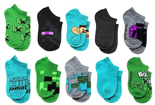 Minecraft No Show Socks for Boys 10 Pair Multi Pack Steve Alex Creeper Zombie Socks for Kids Medium