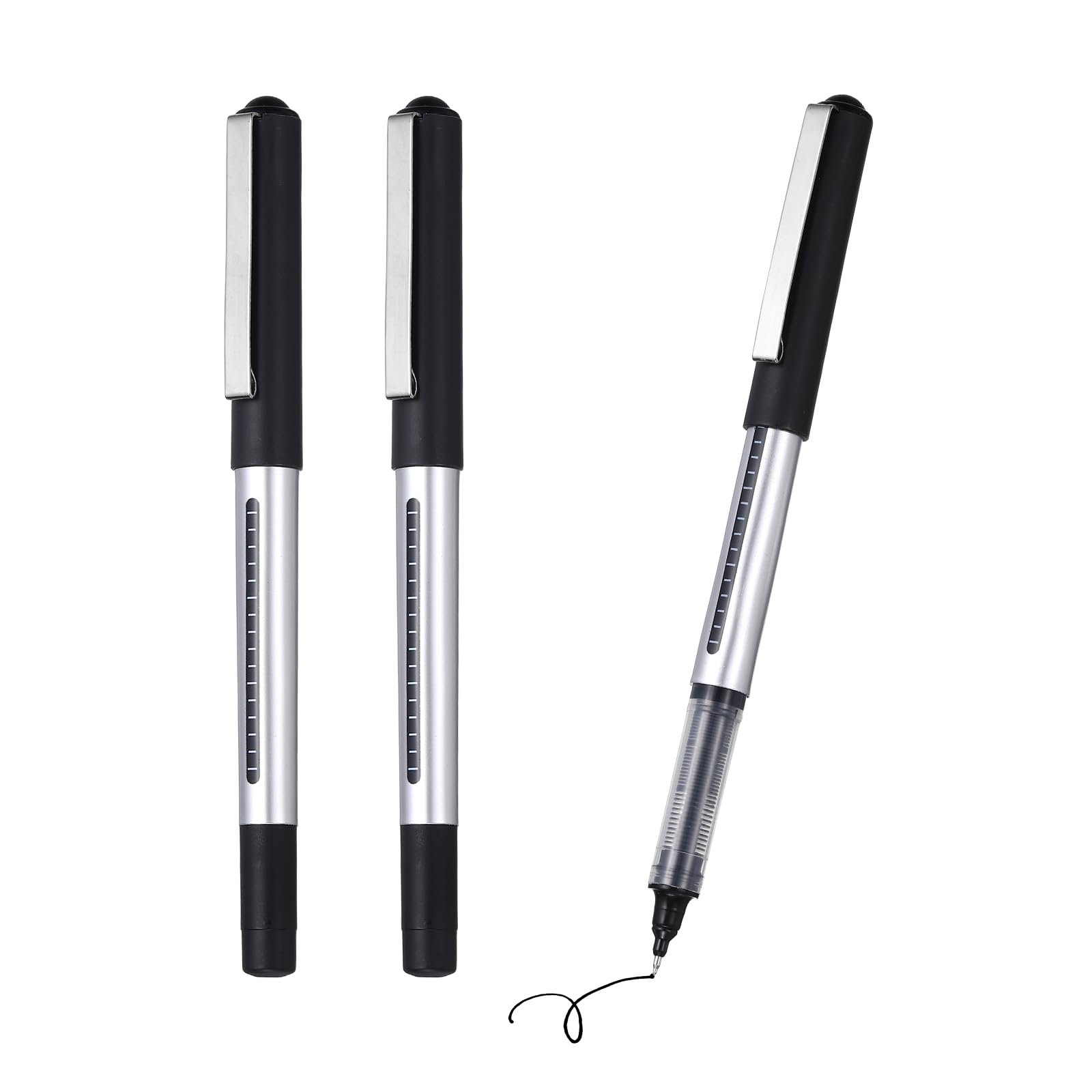 PATIKIL 3Pcs Liquid Ink Rollerball Pens, 0.5mm Fine Point Pens Smooth Writing Gel Ink Quick Dry Black Ink for Office Note Taking Journaling, Silver Body Black Cap