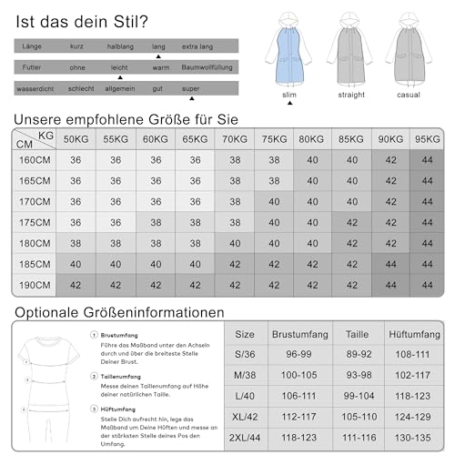 Regenmantel Damen lang Regenparka Damen wasserdicht atmungsaktiv gefütterte Regenjacke Trenchcoat Übergangsmantel Parka Outdoor, Schwarz, 38/M