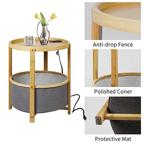 Daily&Diary End Table With Charging Station, Round Side Table With Storage Usb Ports And Outlets, Bamboo Nightstand For Living Room, Bedroom, Balcony, Office Room(Natural) #TOP6