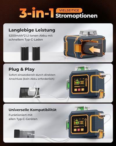 Kreuzlinienlaser, CIGMAN 3x360 Grad Grün Selbstnivellierend Laser Wasserwaage, Baulaser Kreuzlaser Linienlaser bis zu 30 Stunden mit LCD-Display Lithium-Batterie für Innenbereich Baustelle