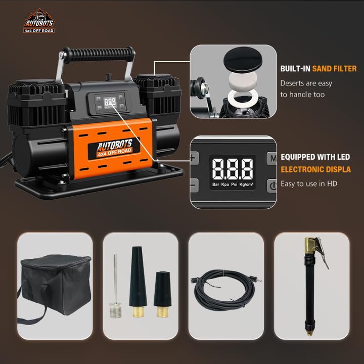 Compresor de Ruedas Portátil Bicilíndrico 12V 350L/min 150PSI con Pantalla LCD Inteligente Auto Stop, Accesorios y Bolsa Reforzada