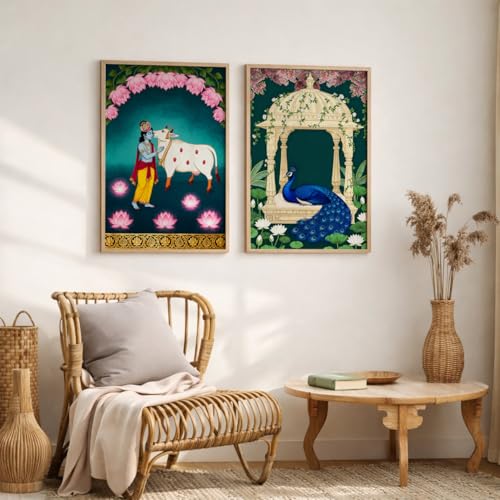 Image of TheMakerly Traditional Indian Wall Painting Set of 2 | Radha Krishna Wall Art Frames | Vintage Religious Wall Decor for Living Room Bedroom Home Temple (KR05, 13x19 inches)