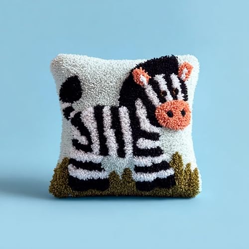 AxiangziK Latch Hook Kit for Adults 43x43cm,Animal Zebra DIY Pillow & Rug Craft Kit for Beginners,Handmade Yarn Art,Relaxing Home Sofa Decor Gift,17x17in