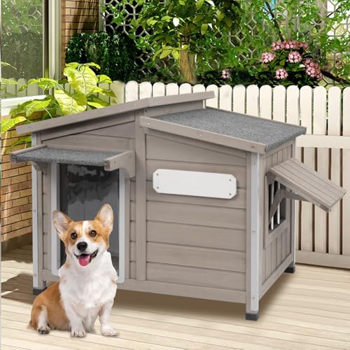34" L Outdoor Dog House with Removable Floor, Raised Feet, Anti-Chewing Iron Frame – Weatherproof Wooden Kennel with Roof, Movable Window for Indoor