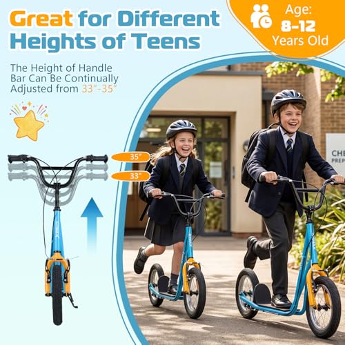 Image of GYMAX Scooter, Kids & Adults Off-Road Scooter with 12 inch Inflatable Wheels, Adjustable Height Handlebar, V-Type Handbrakes & Axle Pegs for All Terrain, 8+
