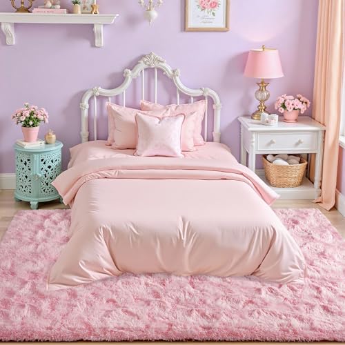 junovo Washable, Non-Slip Area Rug, Ultra Soft Area Rugs 4x5.3 Feet Fluffy Carpets for Bedroom Kids Girls Boys Baby Living Room Shaggy Floor Nursery Rug Home Bedroom Mats, Pink