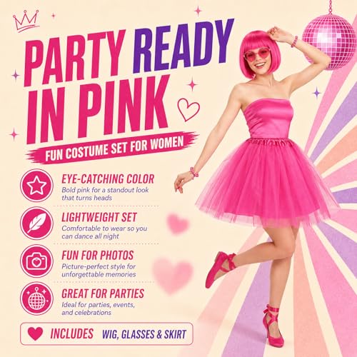 Image of Wesiti 24 Pcs 6 Sets Wigs Tutus Glasses for Women Costume,Rose Red,Lovely