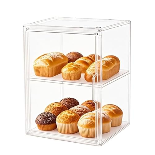 QIYUNI Bread Polypropylene Box for Kitchen Pantry Organizers Loaf Countertop Storage Bread Bagel Muffins Keeper Container Homemade Large Stackable 2 Layers Adjustable Clear (14 * 10.6 * 8.6)