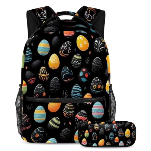 Ensemble sac à dos et trousse noirs à motif œufs de Pâques multicolores pour l'école