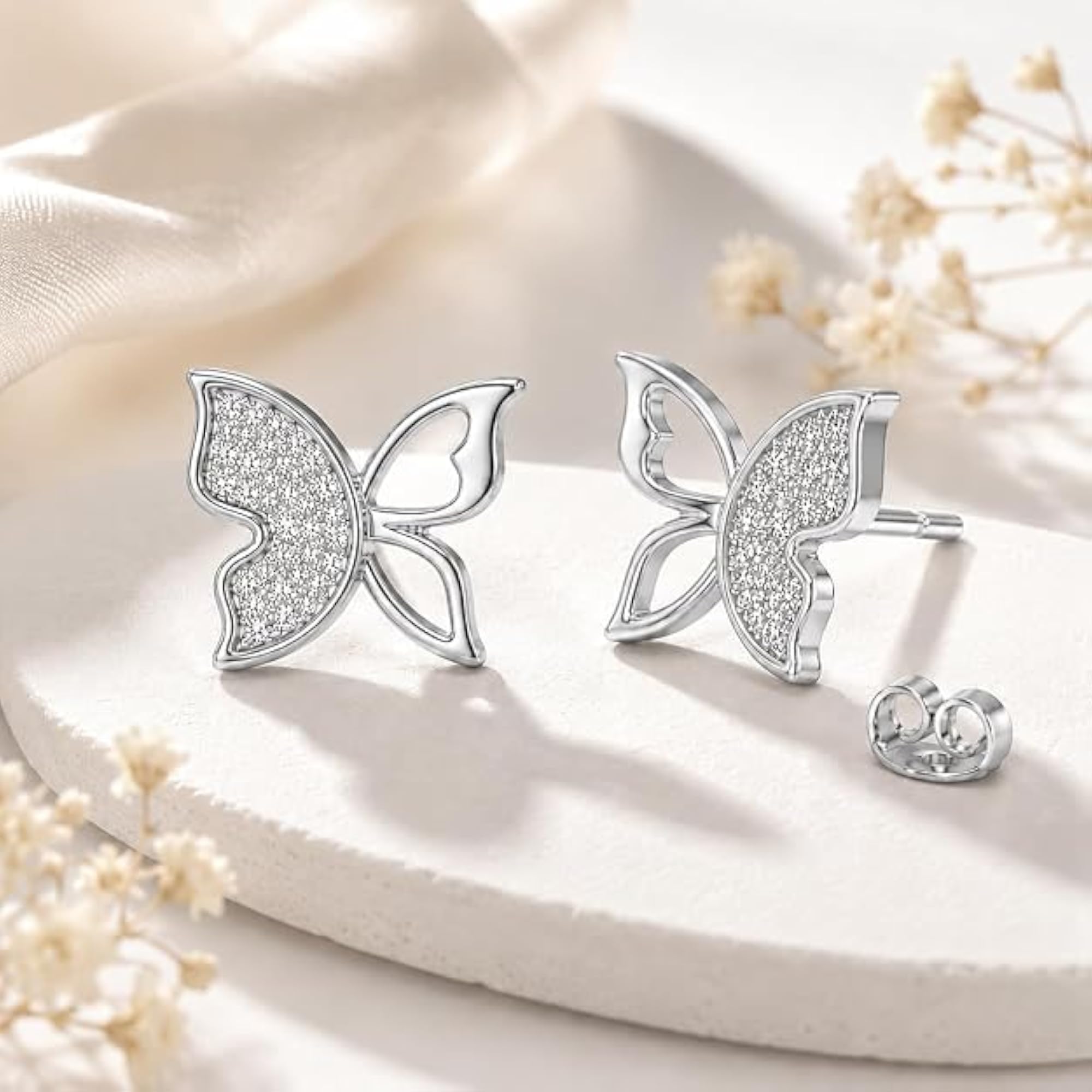 Women's Sparkling Sterling Silver Butterfly Stud Earrings, Cubic Zirconia