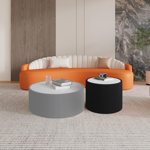 GDFStudio Modern Round Coffee Table, Luxury Sintered Stone Top Circle Side Table with PU Leather Drum Base, Creative Shape End Tables for Living Room Bedroom Tea Tables, Fully Assembled, Black-Small by GDFStudio - Image 5