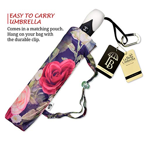 Red Flowers Designer Auto Open Close Umbrella - Pink Art Umbrella For Women - Fashion Umbrella Stylish Gift - Compact Automatic Rain Umbrella Vintage Roses Design - Floral Umbrella Travel Lightweight #TOP2