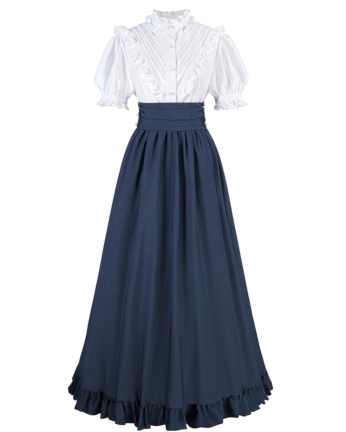 CR ROLECOS Women Victorian Dress Medieval Vintage Costume Ball Gown Dress Short Sleeves Victorian Blouse Renaissance Falda 2-Pieces Set XL Navy Blue