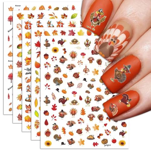 IDDFEVE Fall Nail Art Stickers Thanksgiving Day Turkey Nail Decals 3D Self-Adhesive Maple for DIY Autumn Nail Supplies Decoration(8 Sheets)
