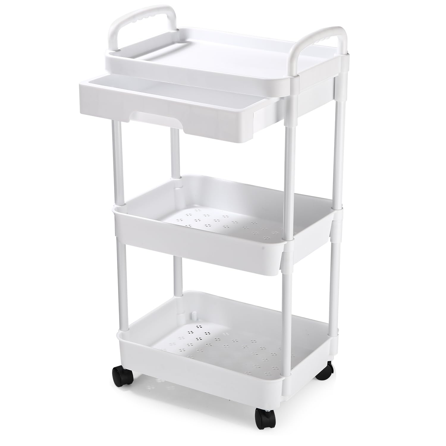 Carrello con Ruote Portatutto Cucina con Cassetto, Carrello Portaoggetti Multifunzionale con Maniglia, Gancio, Ruote Bloccabili, Carrellino per auto di Facile Montaggio per Bagno, Bianco