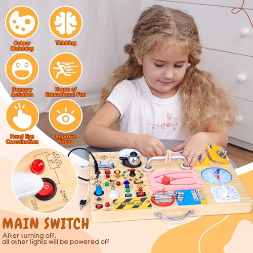Image of 25 in 1 Busy Board with 13 LED Light Switches and 12 Activity, Montessori Toys for 1 2 3 Years Old, Wooden Sensory Board, Toddlers Travel Toys for 1+ Year Old Boy & Girl Birthday Gift(Extra-Large)