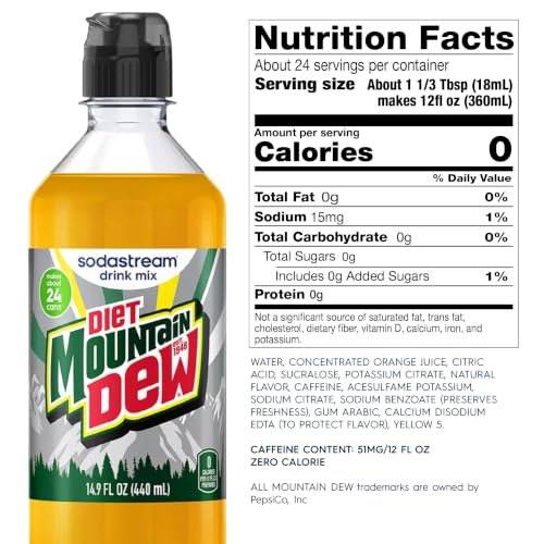 Image of SodaStream Diet Mountain Dew Drink Mix, 4 Pack Soda Syrup for Sparkling Water Makers, Zero Calorie Soda Stream Flavors, Makes About 96 Drinks, 4 x 14.9 Fl Oz (440ml)