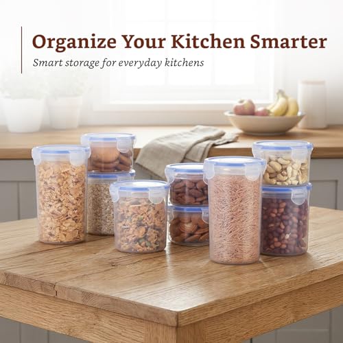 Image of Amazon Brand - Solimo Round Plastic Storage Jar & Container Set | Airtight Lid | BPA-Free Plastic | Microwave, Freezer & Dishwasher Safe | Kitchen Storage | 370ml, 650ml & 950ml | Set of 9