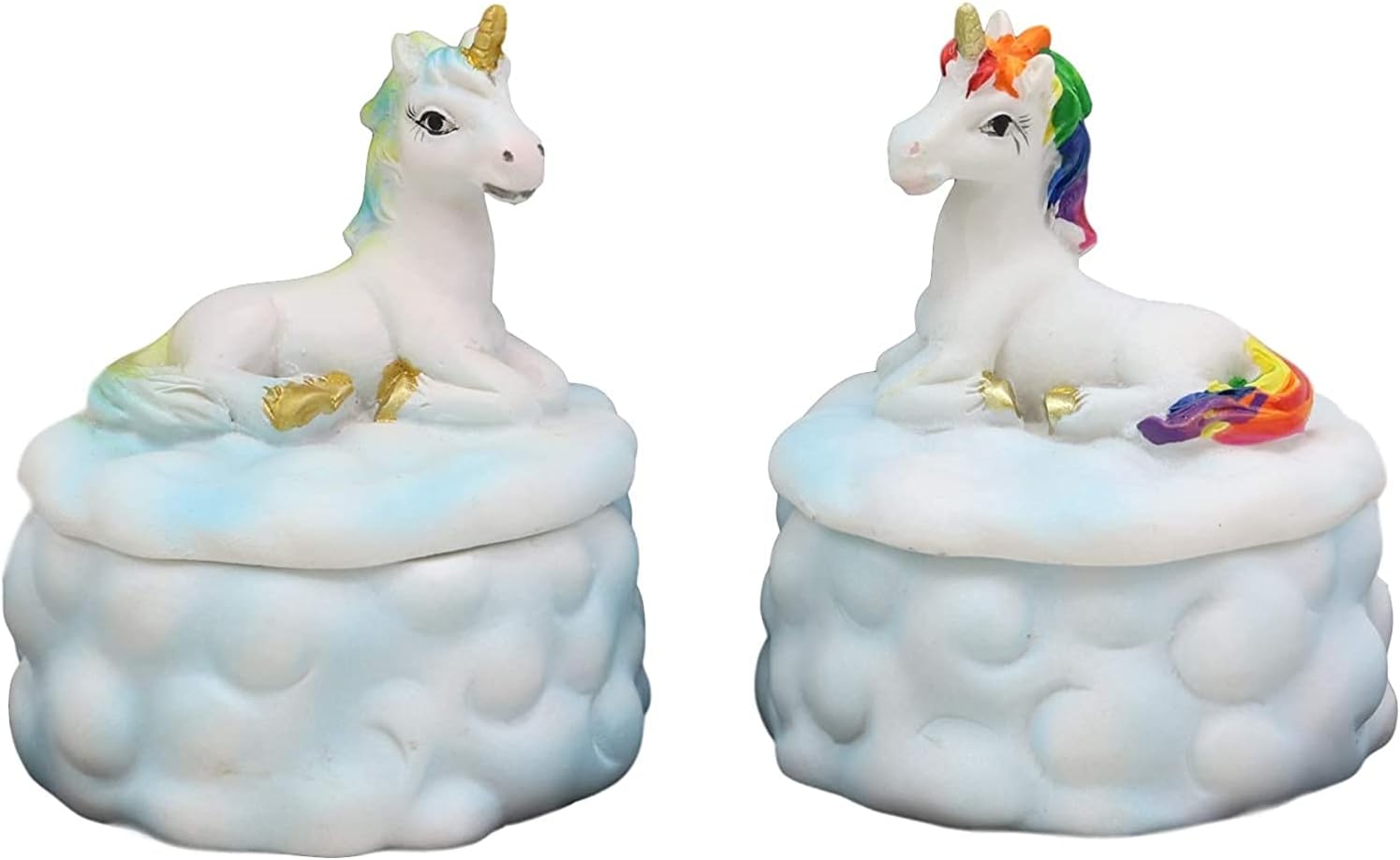 Ebros Gift Pastel Colors Rainbow Mane Unicorns Sitting On Dreamy Clouds Round Jewelry Box Statue 2 Pc Set Small Decor Figurine 3.25" H Enchanted Unicorn Magical Collectible Decorative Trinket