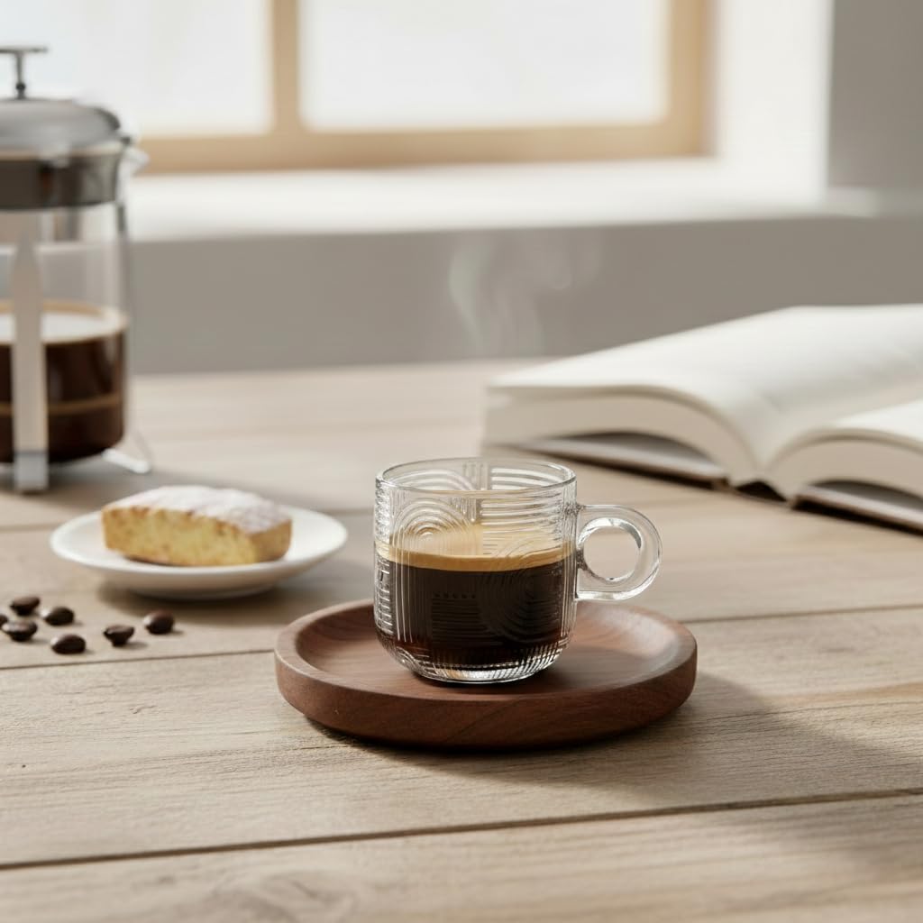 Vintage Ribbed Espresso Cups with Handle, 3.3 oz Demitasse Espresso Mugs, Set of 6, Textured Glass for Espresso, Cappuccino, Macchiato, Latte, Dishwasher Safe