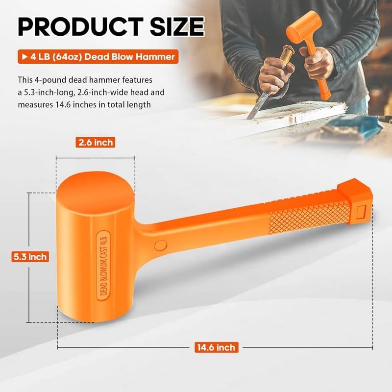 4LB Dead Blow Hammer, Heavy Duty Unibody Molded Non-Rebound Hammer with Steel Ball Shot & Checkered Grip for Automotive, Assembly & DIY
