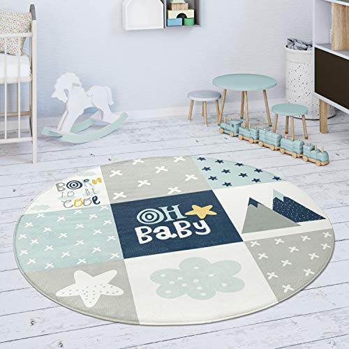 Paco Home Tapis Enfant Rond Chambre d'enfant Filles Garçons Étoile Éléphant Arc-en-Ciel, Dimension:120 cm Rond, Couleur:Bleu
