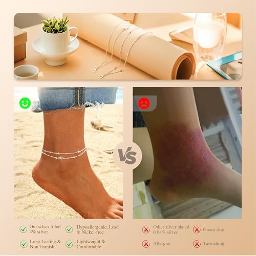 Image of Kenivira Sterling Silver Ankle Bracelets for Women,Gold Dainty Layered Waterproof Anklet for Women, Anklet Set Stackable Beach Gift Adjustable Size
