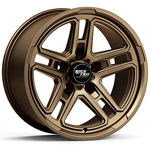 RockTrix RT108 17 inch Wheel Compatible with Jeep Wrangler JK JL 17x9 5x5 Wheels (-12mm Offset, 4.5in Backspace) 5x5 PCD, 71.5mm Bore, Bronze Wheels, Also fits Gladiator JT Rims