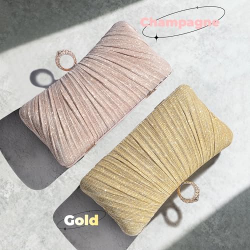 Image of Womens Golden Glitter Clutch Purse Pleated Evening Bag for Bridal Wedding Party with Rhinestone Ring