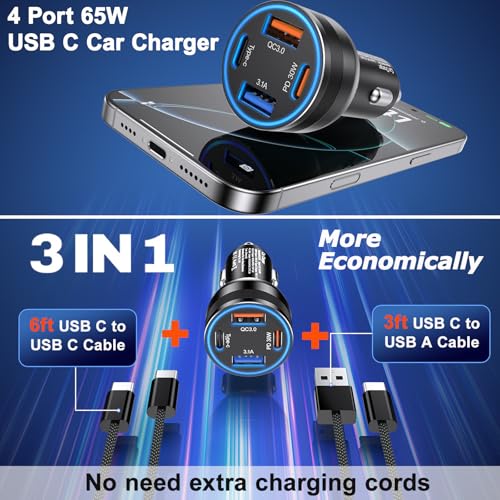 Car Charger USB C, 4-Port 65W Fast Charging Car Phone Charger with 2Pack Carplay Cable,Dual USB-C & USB-A Cargador Carro Cigarette Lighter Adapter for iPhone 16e/15/14/13/12 Pro Max,iPad,Samsung S25
