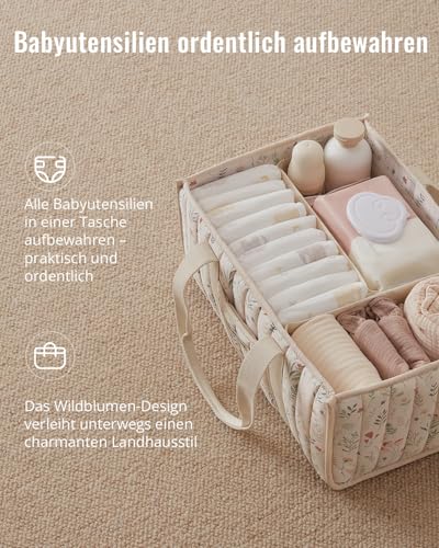Blissful Diary Wickeltisch-Organizer, Wickelkorb für die Wickelstation, Stilvoller Wickelorganizer für Babybedarf, Unverzichtbares Geschenk zur Geburt und für die Baby-Wunschliste,Blumenbeige