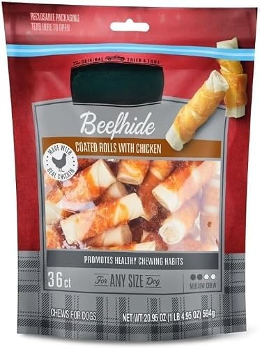 Beefhide Rolls Coated with Real Chicken ~ 20.95 Oz Bag ~ 36 Count ~ Long-Lasting Chew Sticks, Promotes Chewing Habits, for All Dog Breeds, Medium Chew, (1 Pack).