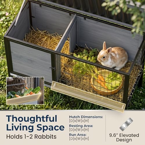 PawHut Elevated Rabbit Hutch with Pull-Out Tray, Wooden Bunny House Rabbit Cage for Outdoor Indoor Use, Openable Plastic Roof, Light Gray - Image 2