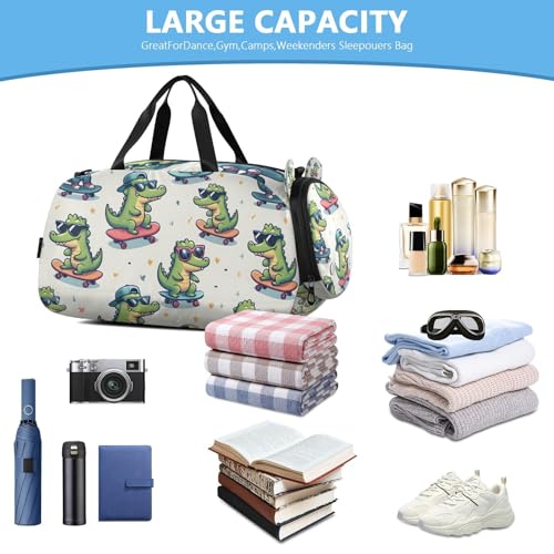 Travel Duffle Bag for Kids Boys Girls Crocodile Cute Little Animal Sports Bag Overnighter Duffle Sleepover Weekender with Shoes Compartment 6