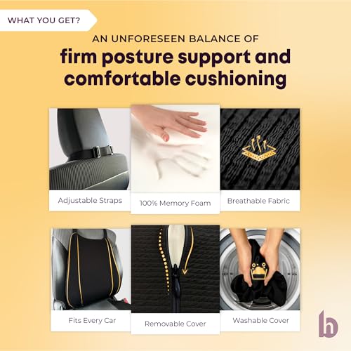 Image of betterhood PosturePro Premium Backrest Car Pillow | Lumbar Support for Car | 100% Memory Foam, Cotton Cover Car Cushion | Orthopedic Ergonomic Car Seat Back Support | Extra Leg-Room Design (Black)