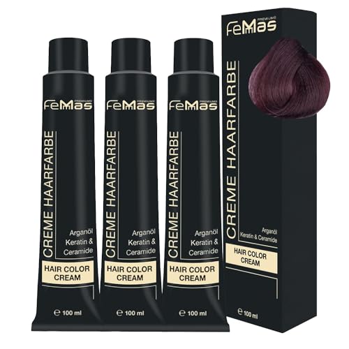 FemMas Haarfarbe 3x Dunkelblond Mahagoni 6.5 I Creme Haarfarbe mit Arganöl, Keratin & Ceramiden I Als dauerhafte Haarfärbung oder Tönung für strahlende, haltbare Farbergebnisse I 100 ml