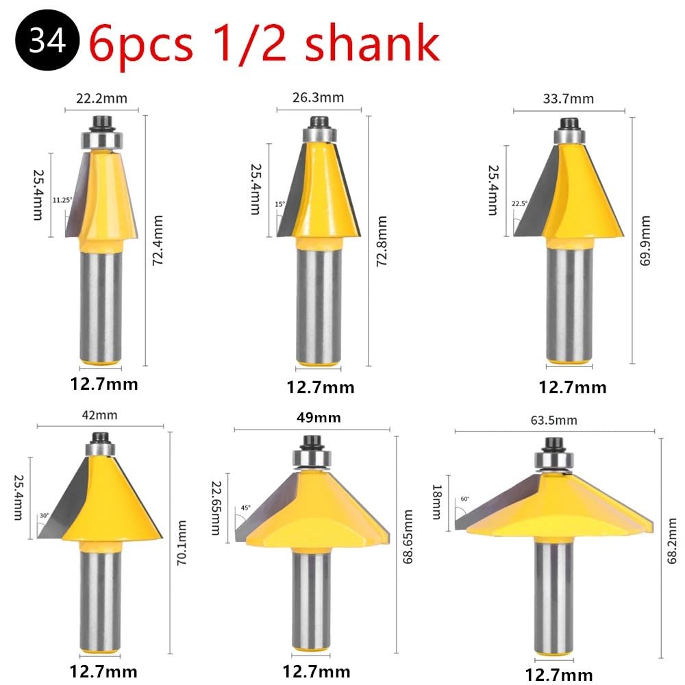 Frezy do formowania krawędzi z fazą, Frez do fazowania i skosu 1 5 6 szt. Wiele rozmiarów Trzpień 11,25-45 stopni obróbki drewna(6pcs 12.7 shank)