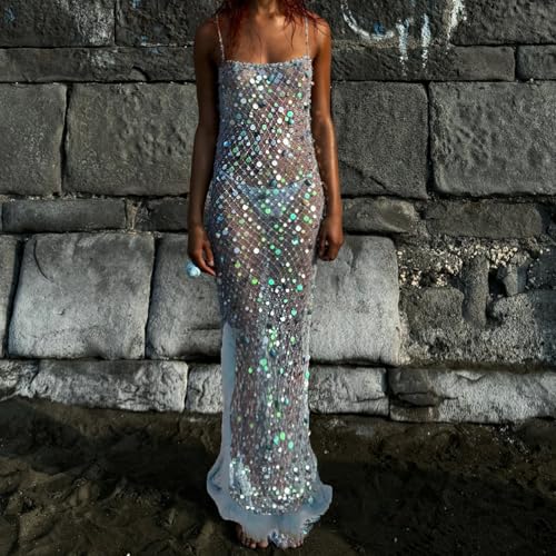 SOLILOQUY Women Sequin Maxi Dress Fearther Trim Spaghetti Strap Glitter High Slit Evening Robe Summer Beach Cover-up Dress4