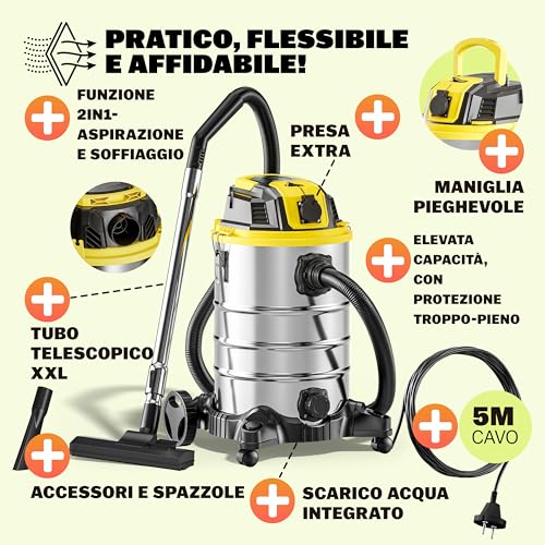 Monzana® Aspirapolvere Liquidi Solidi 30L 2200W Presa Certificata GS Raggio 9m Aspiratore Secco Umido Industriale Acciaio Inox con Funzione di Soffiaggio - 5